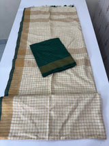 Linen checks saree with zari border MLS9766- Cream & BottleGreen