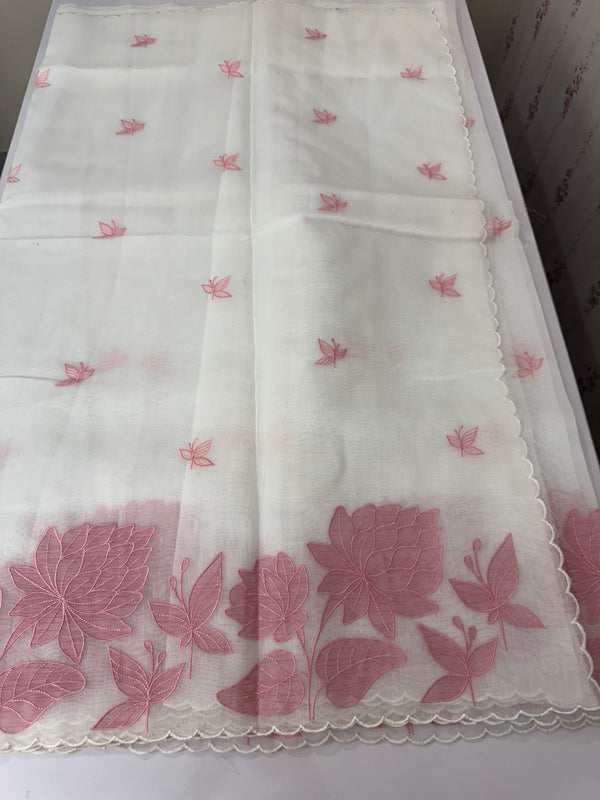 Tissue mix soft silk saree with applique work MTSS5432 White to PeachPink