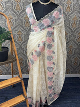 Cutwork Phulkari NetKota Embroidery saree - OffWhite