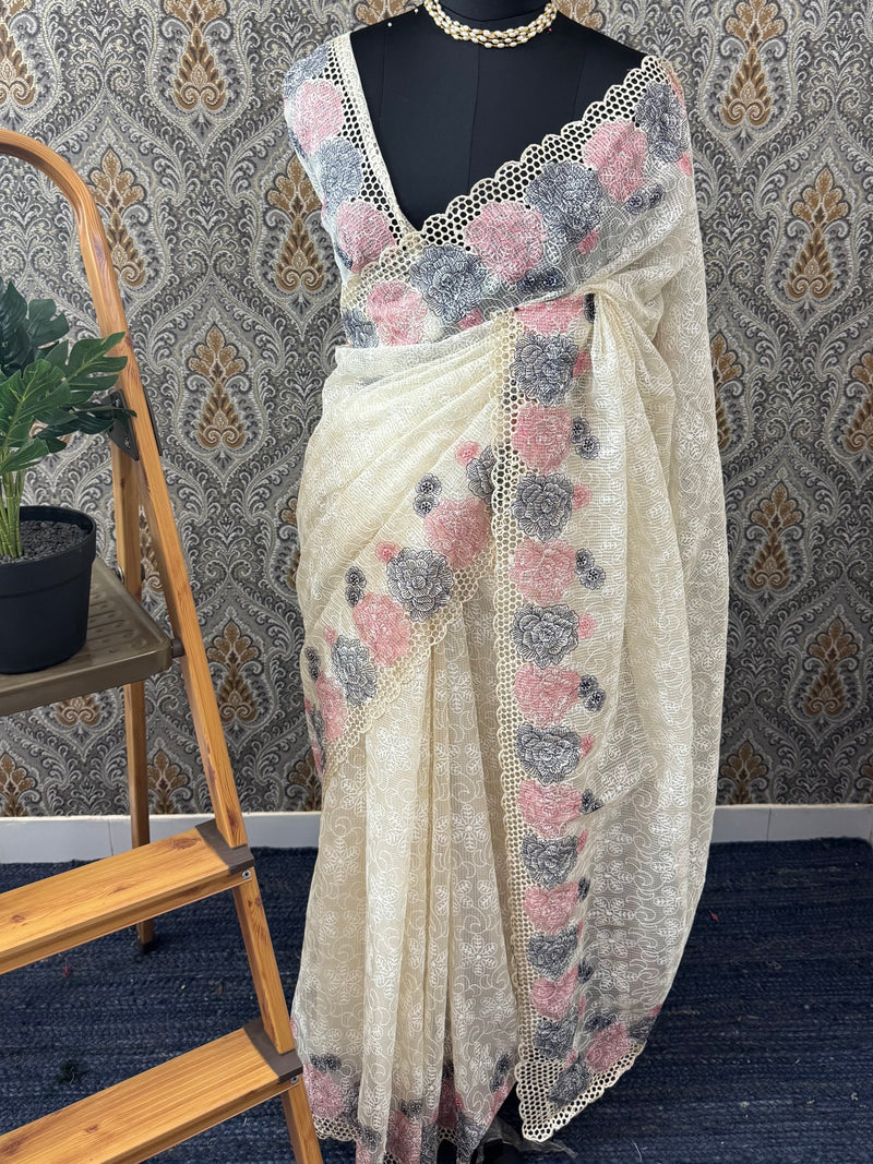 Cutwork Phulkari NetKota Embroidery saree - OffWhite