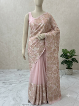 Jute Linen saree with thread work MSH206 -Pink