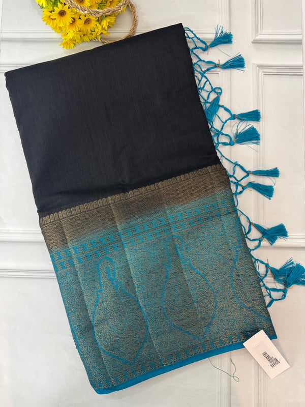 Jute silk sarees with contrast pallu & blouse MJL3412 - Black to CobaltBlue