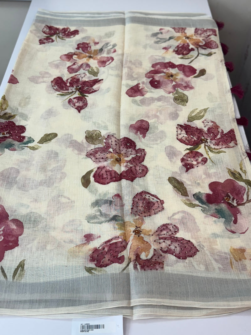 Handworked floral digital printed semi Linen Saree MLS611