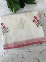 Lightweight Supernet saree with cross stitch embroidery MS142 - White to Pink