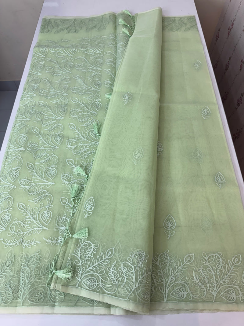 Semi organza saree with lace embroidery MSH117- Pastel PistaGreen
