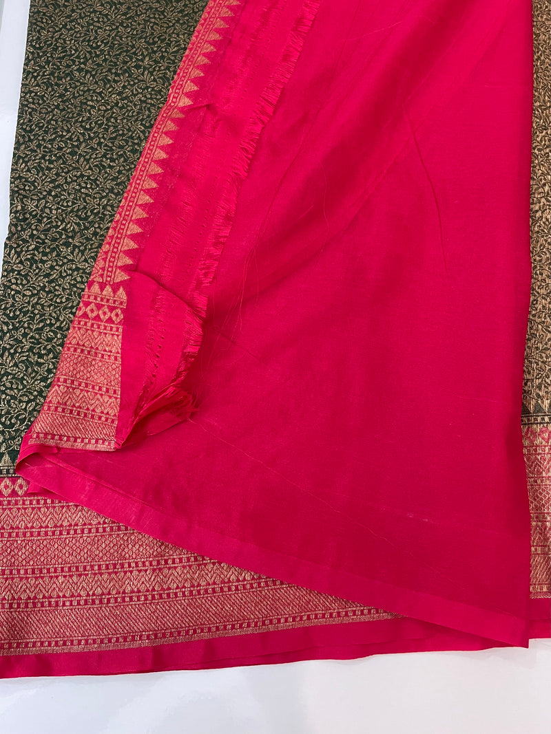Banarasi semi katan saree with contrast border MS6665- BottleGreen to Pink