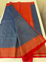 Banarasi semi katan saree with contrast border MS6665 - OceanBlue to Red