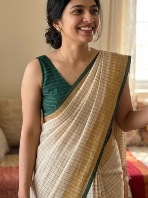 Linen checks saree with zari border MLS9766- Cream & BottleGreen