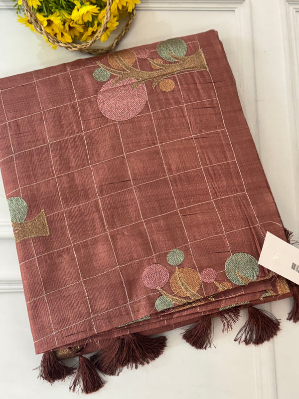 Crushed Blended tussar silk saree with embroidery- SNFCYEY - BrownyPeach