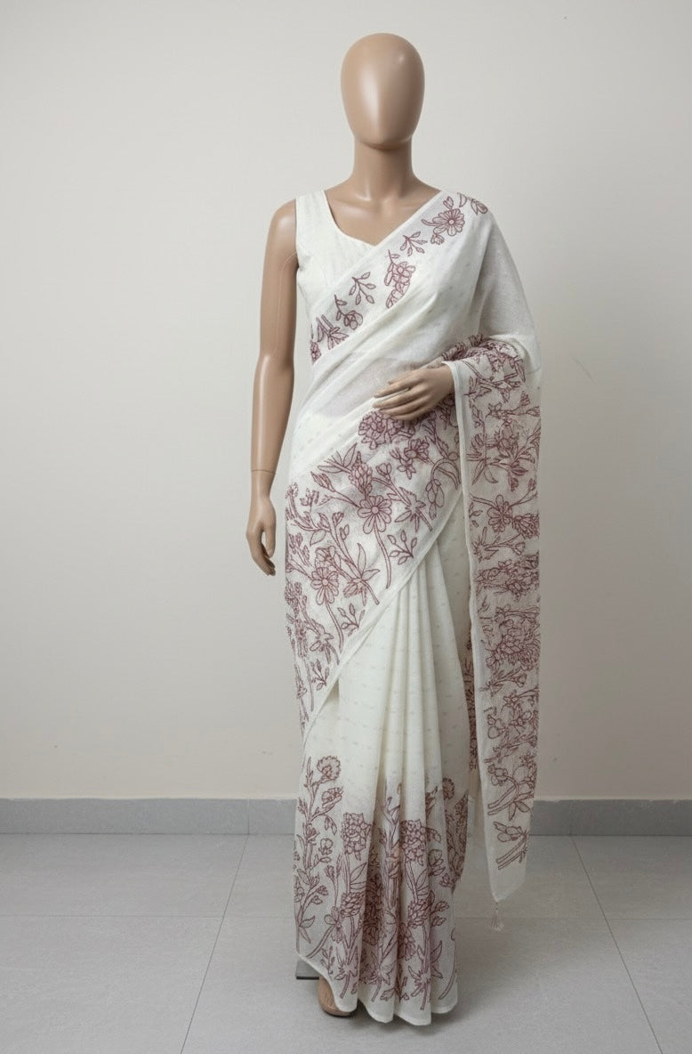 Mul chanderi applique work saree  MSH132 - Offwhite & Red