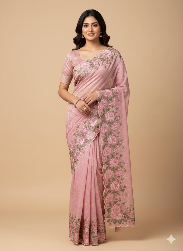 Phulkari NetKota embroidery saree - MPKS905 Pink