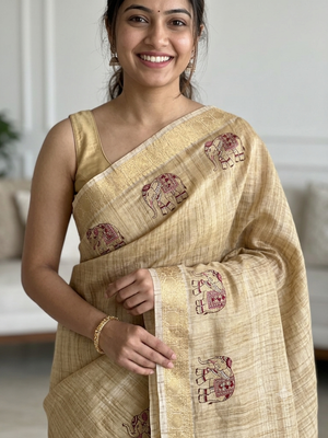 Blended chanderi tussar saree with zari work - MS16061 Gold