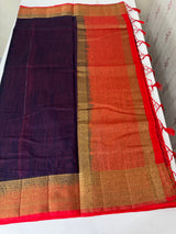 Jute silk sarees with contrast pallu & blouse MJL396 DarkBlue to Red