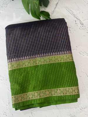 Semi silk saree with checks zari weaving  MS81543 : DarkBlue to Green