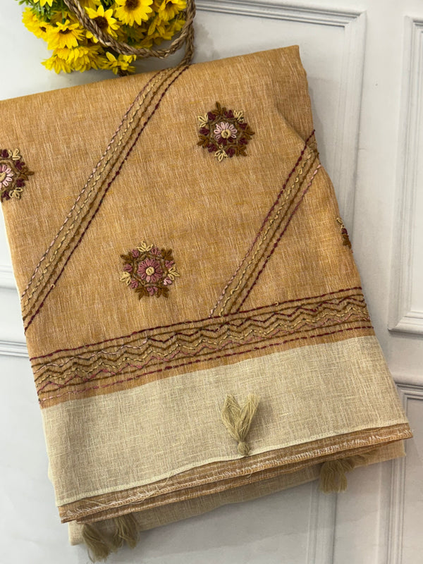 Linen saree with French knots and kanta embriodery MS94311