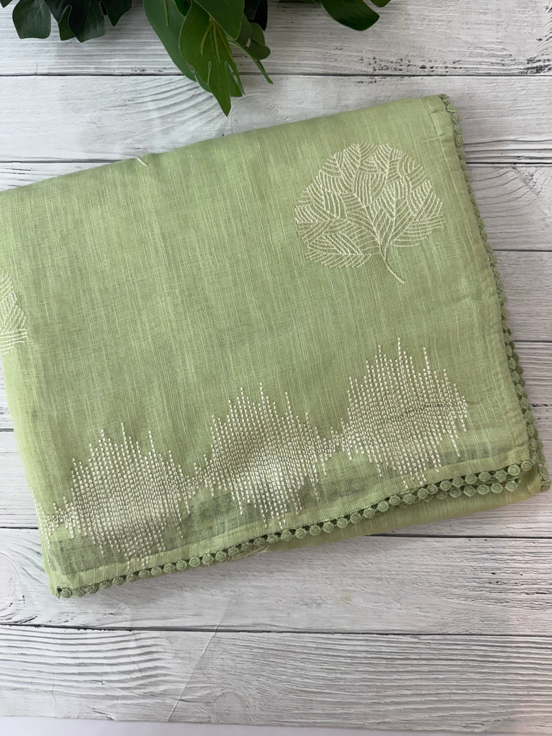 Semi linen saree with embroidery- MS15087 PastelGreen