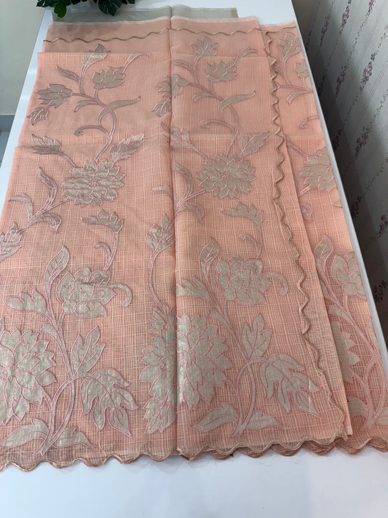 NetKota saree with tissue applique work MS15145- PastelPeach