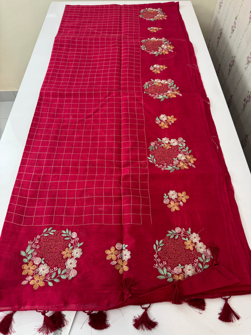 Crushed Blended tussar silk saree with embroidery- SNFCYEY DARKPINK