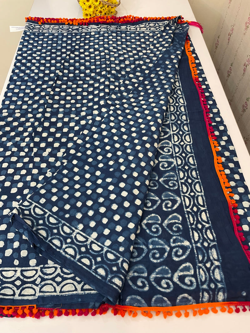 Pure mul cotton hand block printed saree SKSRMY
