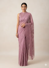 Organza saree with embroidery and pearl work - MSK54- Pastel Magenta