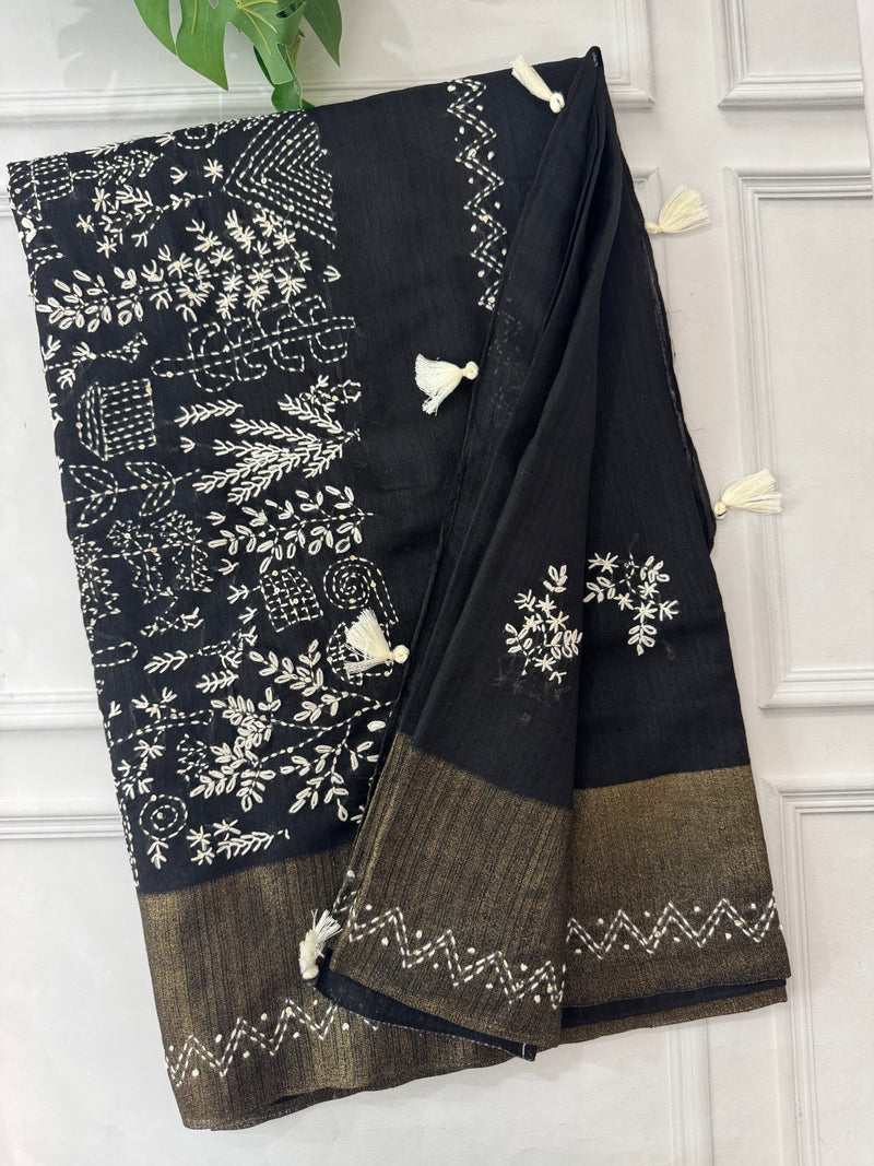 Jute silk saree with hand kanta work FBLK166 Black