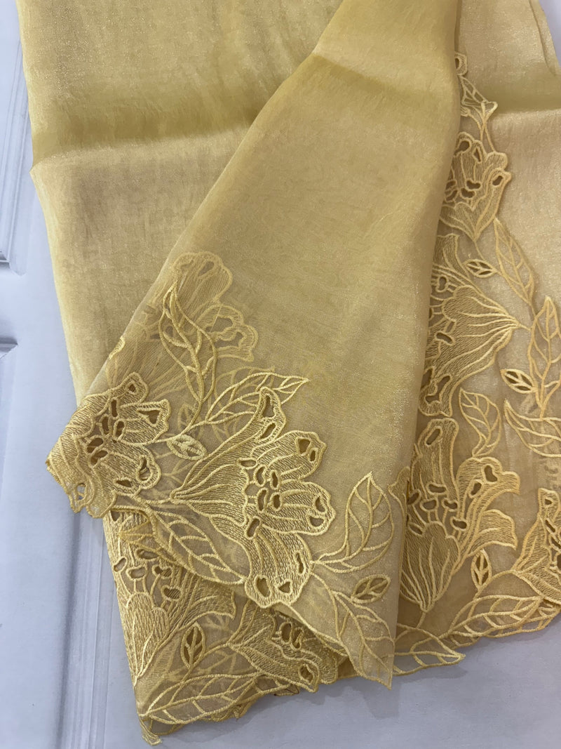 Tissue Organza cutwork sarees FBLK154 Yellow