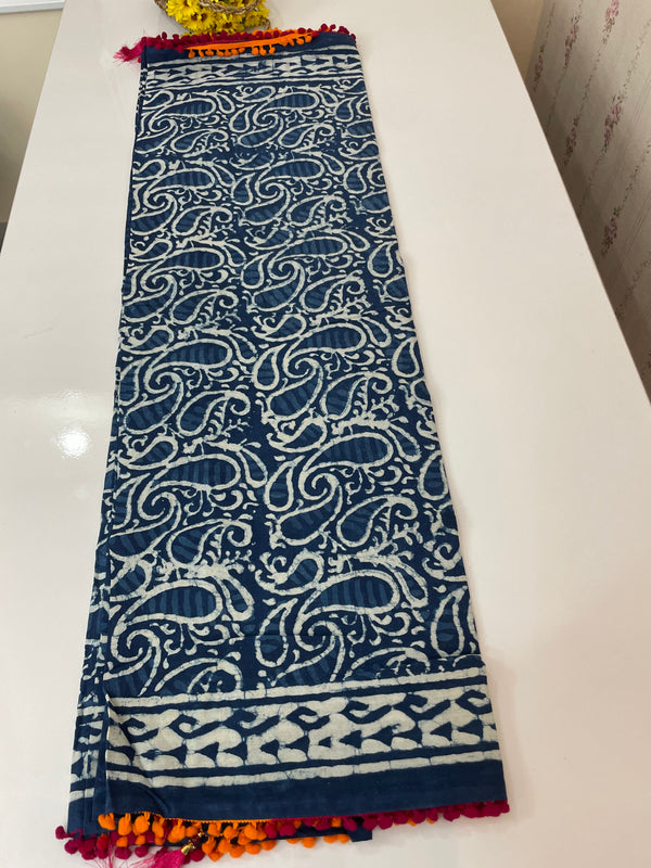 Pure mul cotton hand block printed saree SKSRMY