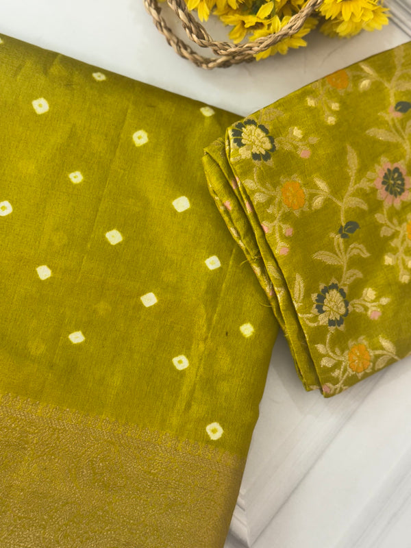 Soft dola silk saree with brocade banarasi  blouse MDLS212- OliveGreen