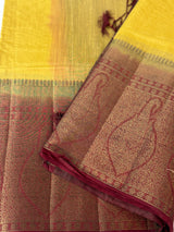 Jute silk sarees with contrast pallu & brocade blouse MJL877- DarkCream to Maroon