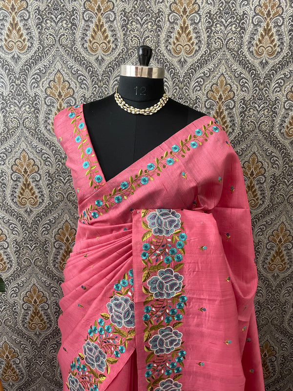 Blended tussar silk saree with embroidery SNFNRCY Crimsonpink