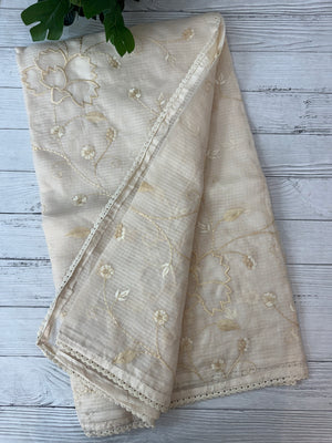 Soft kota silk saree with embriodery and organza applique work  -MS14509 Ivory