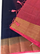 Jute silk sarees with contrast pallu & blouse MJL396 DarkBlue to Peach