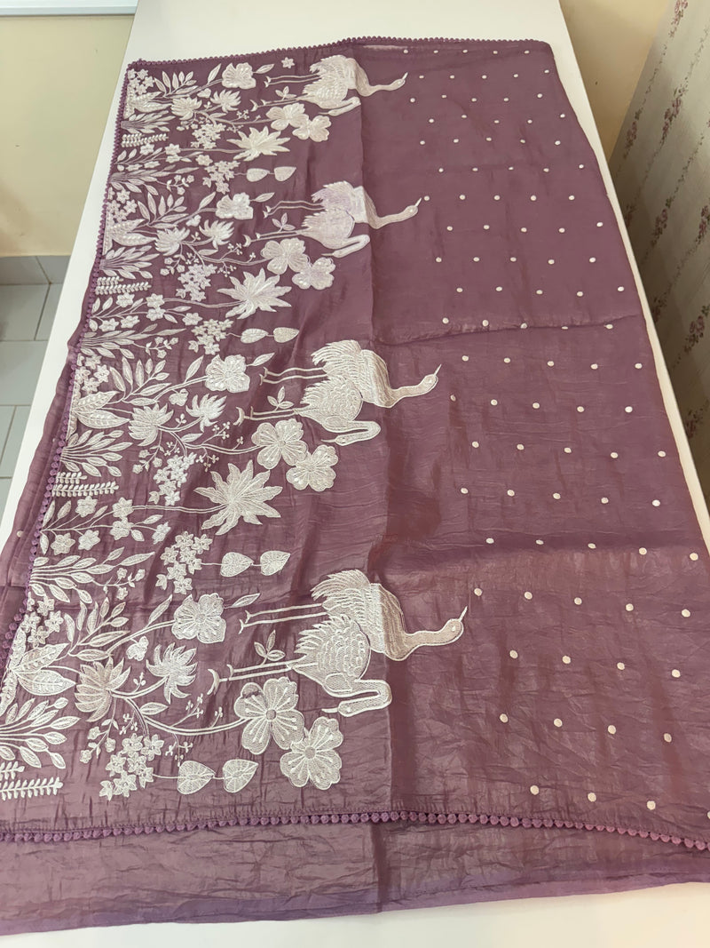 Crush Organza Applique work saree MS14997- DuskyWine