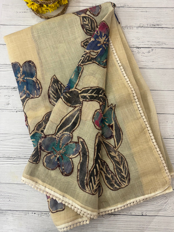 Tissue linen saree with applique work MLS5478