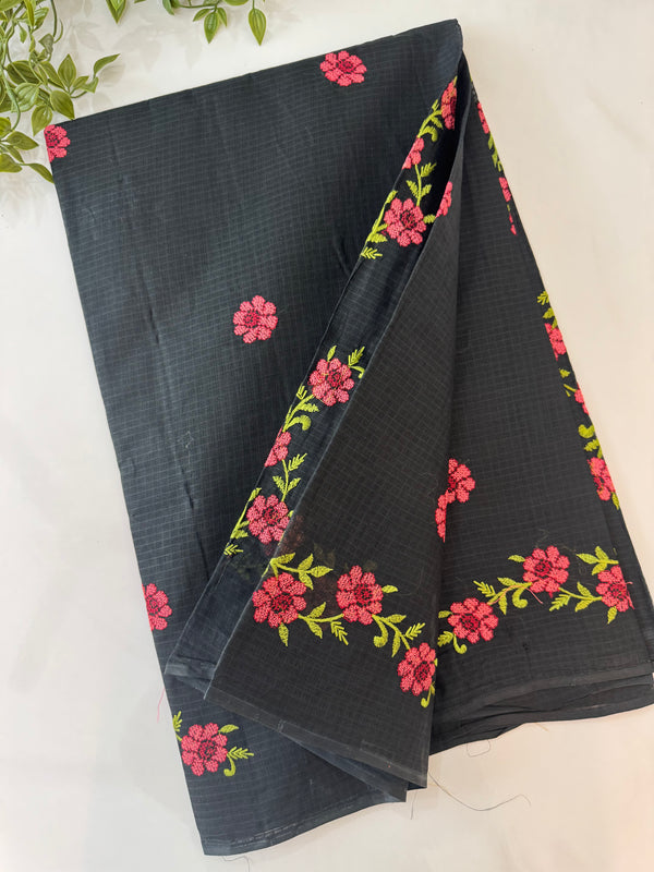 Pure Kota cotton saree with cross stitch embroidery MKAS339 Black