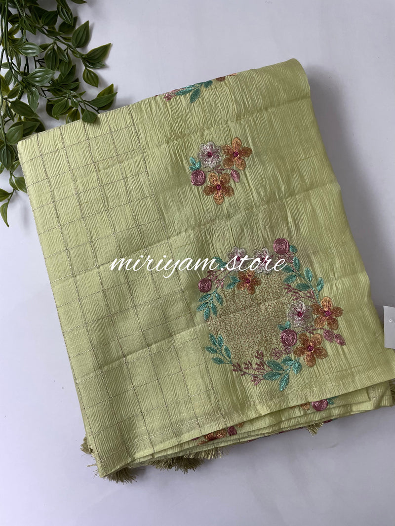 Crushed semi tussar silk saree with embroidery- SNFCYEY38 PastelGreen