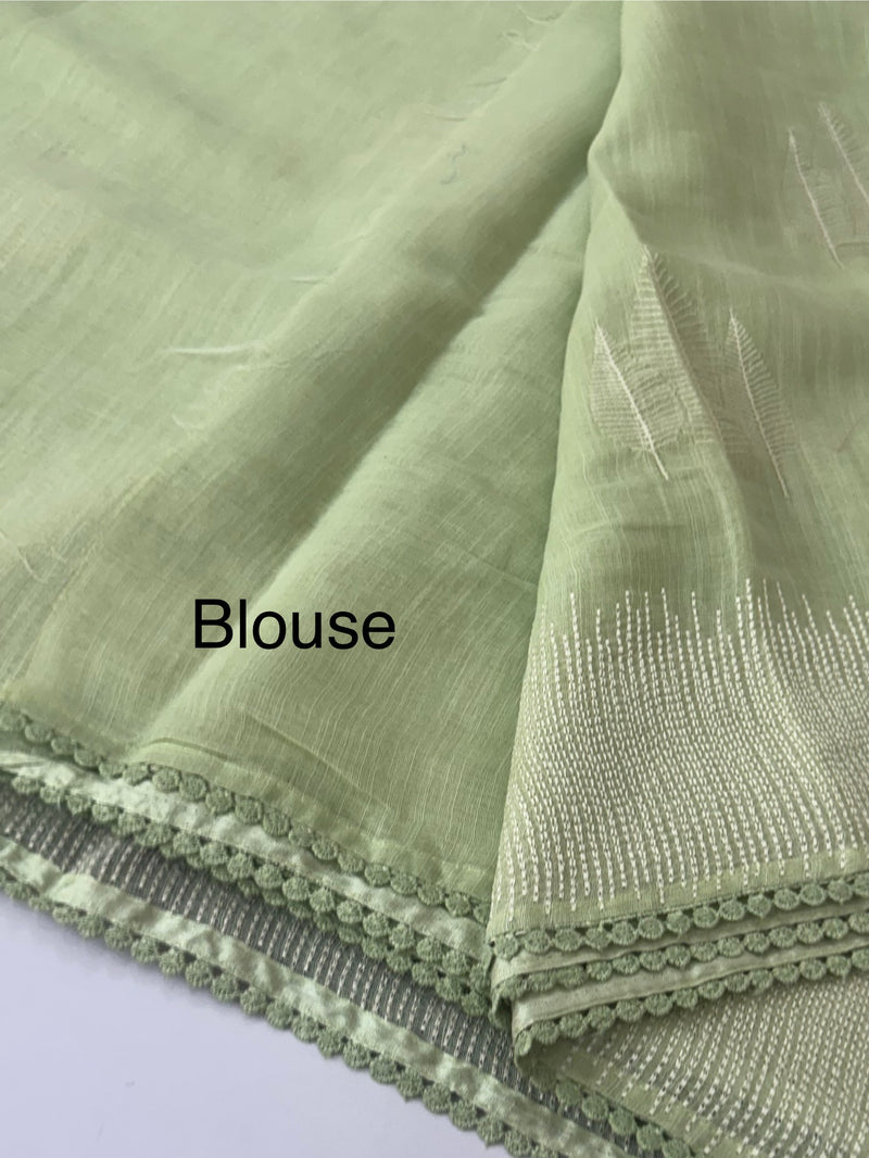 Semi linen saree with embroidery- MS15088 Pastel PistaGreen