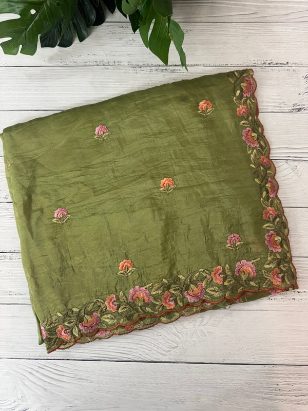Crush Organza embroidery saree MS14567 LeafGreen