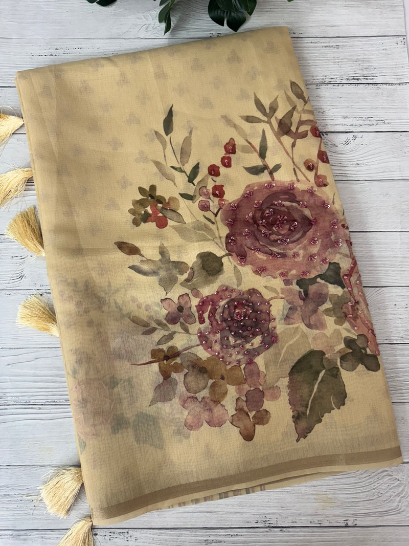 Linen- chanderi saree with french knots, sequence and bead work - MS19965