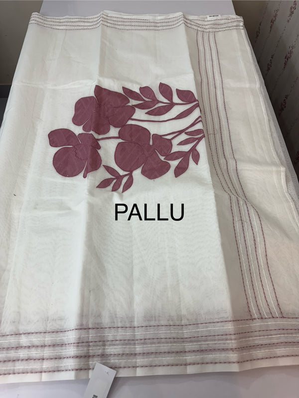 Kota Chanderi saree with kanta embriodery borders and  applique work on pallu MCBS699- White to DuskyPink