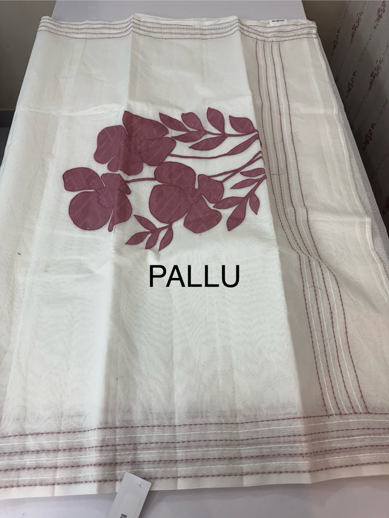 Kota Chanderi saree with kanta embriodery borders and  applique work on pallu MCBS699- White to DuskyPink