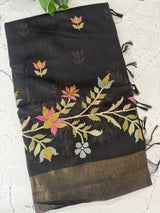 Jute Linen saree with embroidery MSH7511 - Black