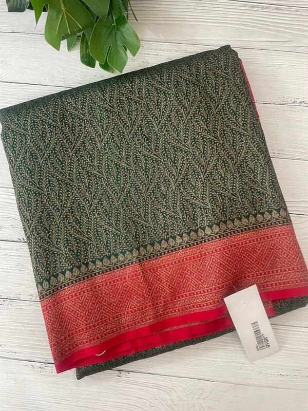 Banarasi semi katan saree with contrast border SHKNTNM - BottleGreen to Red