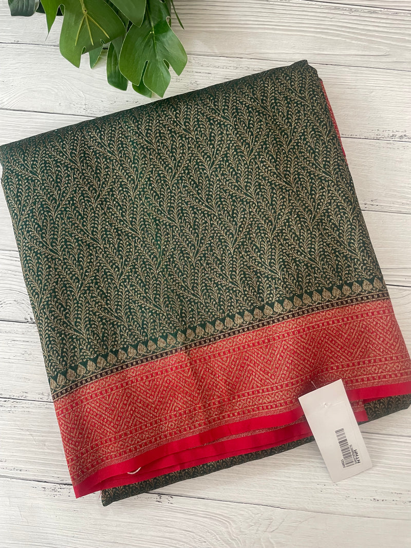 Banarasi semi katan saree with contrast border SHKNTNM - BottleGreen to Red