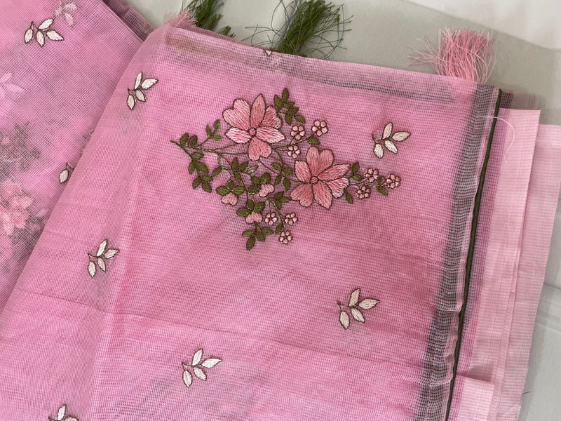 Supernet embroidery saree with contrast blouse MSUP217 Pink & Green