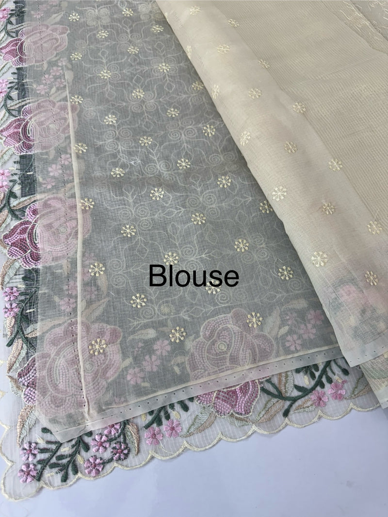 Phulkari NetKota embroidery saree - MSH107 Offwhite to PinkLavender