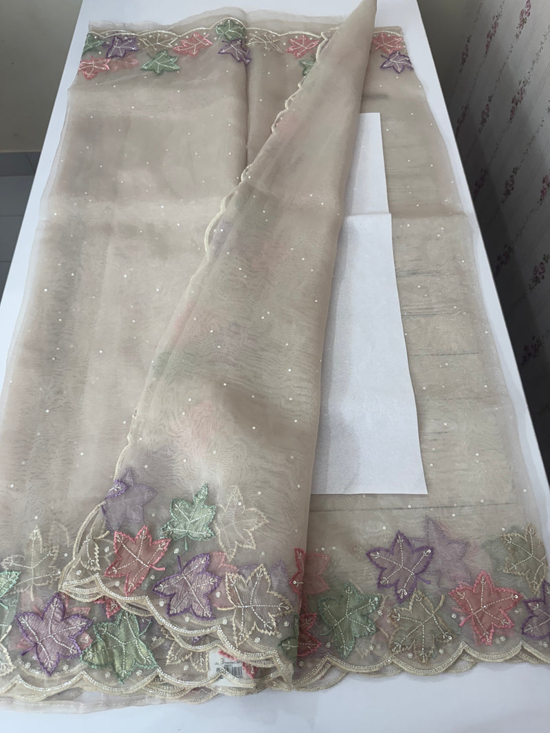 Handworked glass organza saree with applique work- MSHW227 - Beige