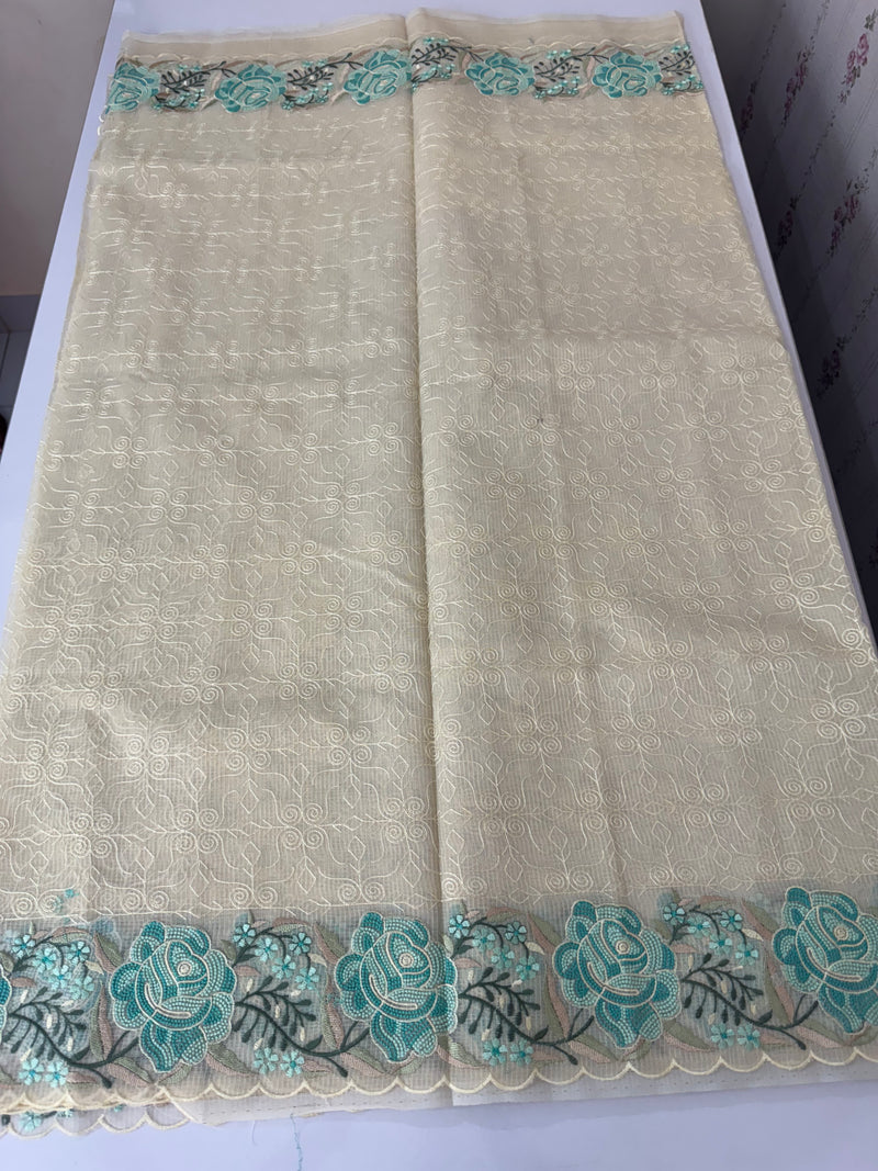 Phulkari NetKota embroidery saree - MSH107 Offwhite to Blue