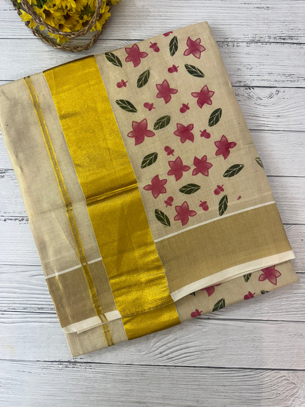 Kerala tissue saree - Pink flowers