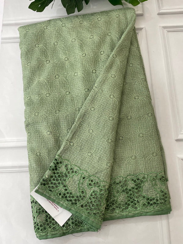 Phulkari NetKota Embroidery saree with single cutwork border - SDFNYMY DuskyGreen